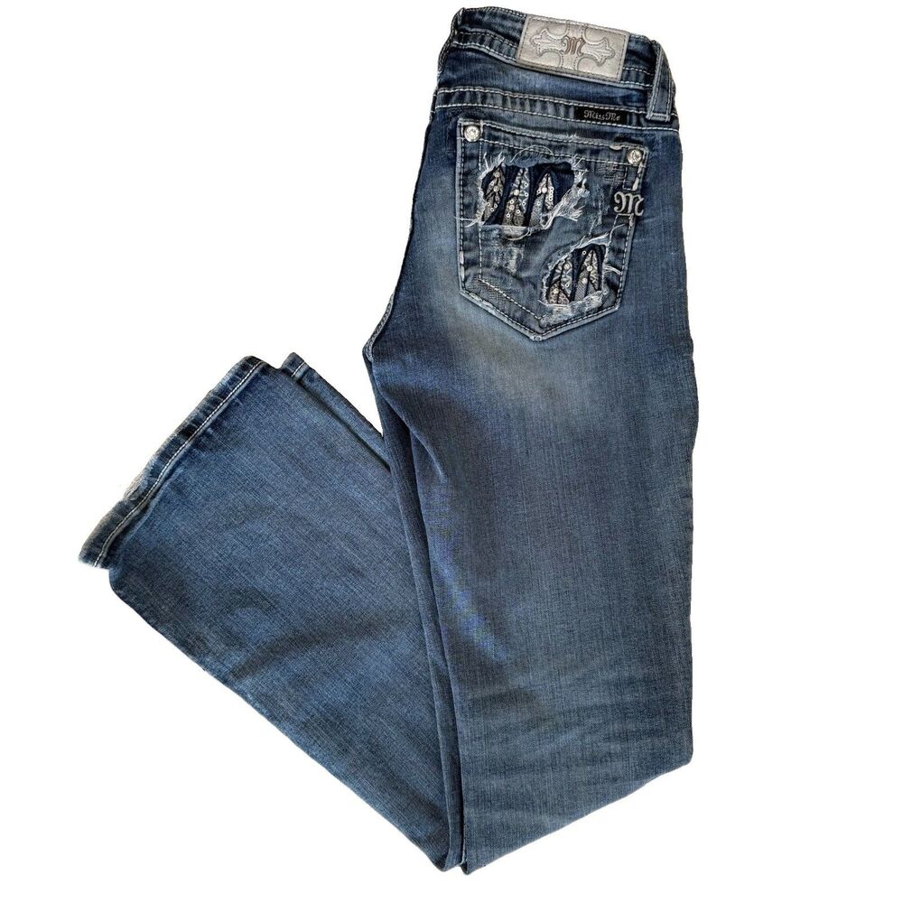 Miss Me Jeans Womens 28 Blue Denim Signature Bootcut Low Rise Embellished Bling